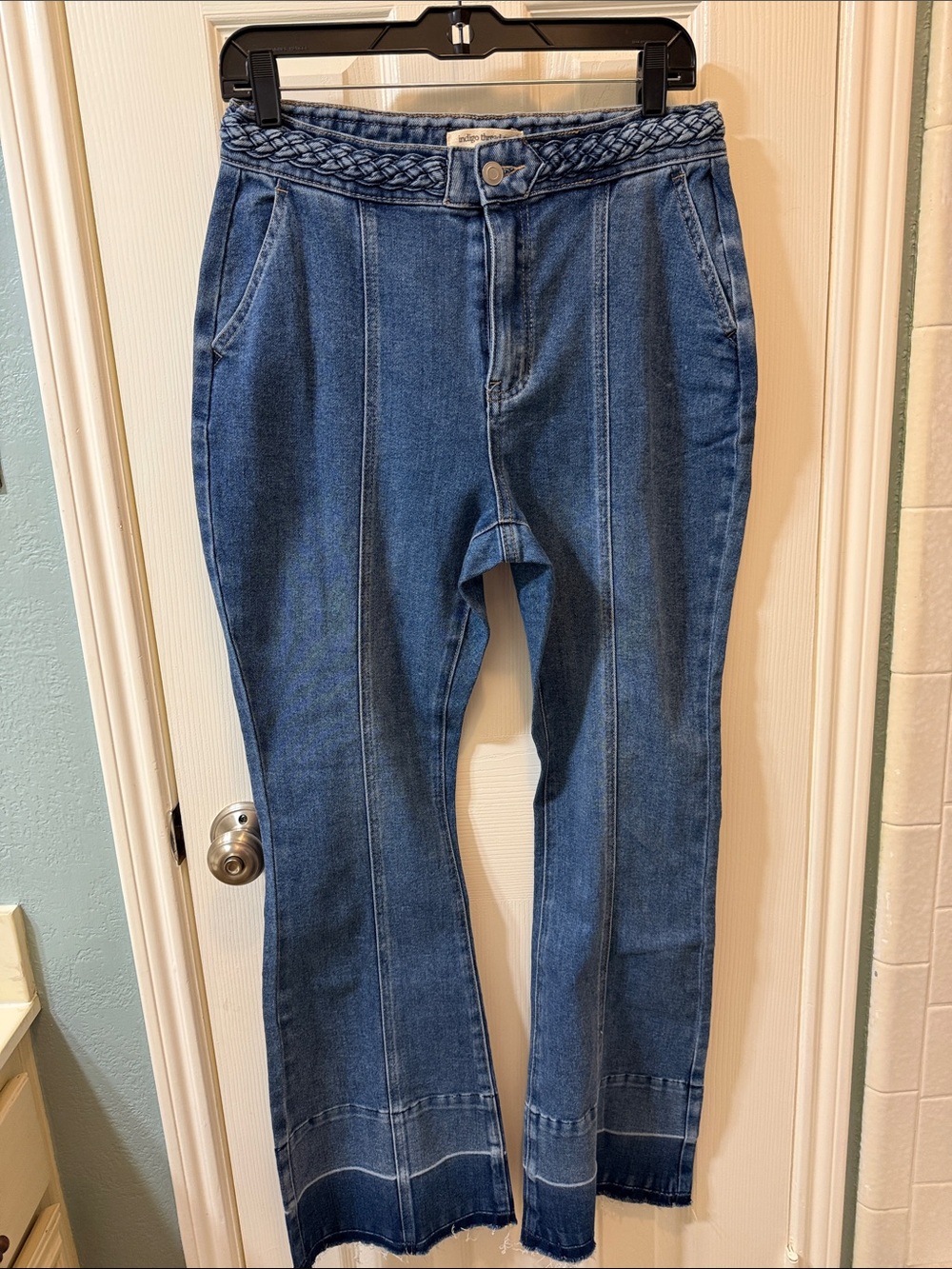 Braided-Waist Mid Blue Flare Jeans — Women’s Wide Leg Denim